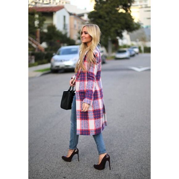 Zara Tartan Plaid Textured Coat Red Blue size RARE Bloggers favorite wool - Picture 8 of 8